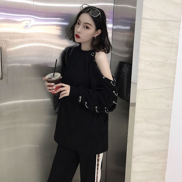 women's hoodies & sweatshirts solid o-neck autumn shoulderless korean ring decoration long-sleeved female pullovers pl142, Black
women's hoodies & sweatshirts solid o-neck autumn shoulderless korean ring decoration long-sleeved female pullovers pl142, Black