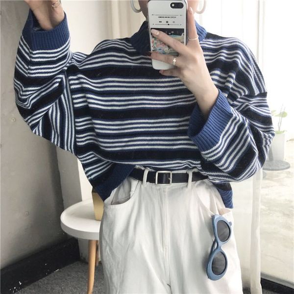 blue stripe knitting short sweater vintage o neck long sleeve women loose autumn pullovers, White;black
blue stripe knitting short sweater vintage o neck long sleeve women loose autumn pullovers, White;black