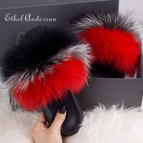 women summer spring casual fur slippers flat solid real raccoon fur slides fluffy slippers ladies shoes female on party home, Black