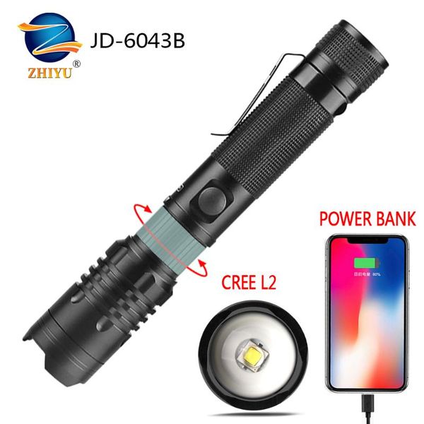 zhiyu super bright led cree l2/xhp50 tactical electric torch usb rechargeable zoomable linterna used as a power bank
zhiyu super bright led cree l2/xhp50 tactical electric torch usb rechargeable zoomable linterna used as a power bank