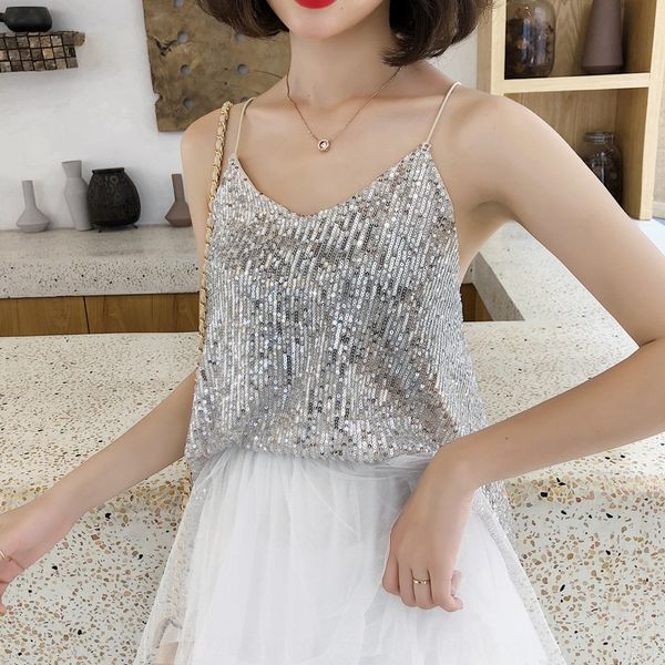 women's camisole 2020 spring/summer new vest shirt sequins korean style sparkling sequins v-neck fashion base shirt, White 
women's camisole 2020 spring/summer new vest shirt sequins korean style sparkling sequins v-neck fashion base shirt, White