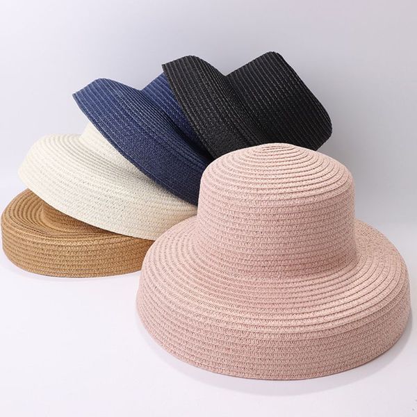 women summer vintage hepburn straw sun hat bell shaped wide brim solid color uv protection travel floppy beach cap, Blue;gray
women summer vintage hepburn straw sun hat bell shaped wide brim solid color uv protection travel floppy beach cap, Blue;gray