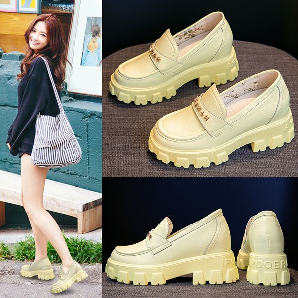 2020 fashion thick-soled loafers genuine leather shoes heightened women's shoes british style, Black