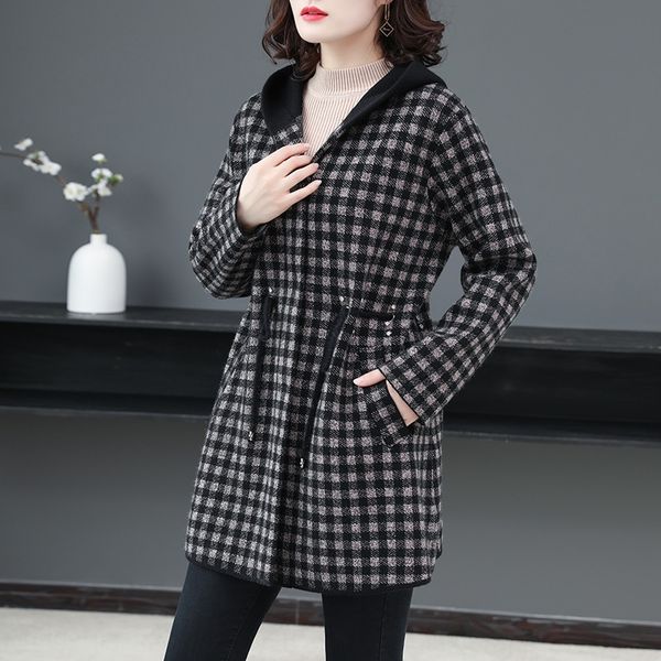 mid-length sweater women's loose hooded thickened 2020 fall/winter new fashion plaid knitted cardigan coat sweater coat, White
mid-length sweater women's loose hooded thickened 2020 fall/winter new fashion plaid knitted cardigan coat sweater coat, White