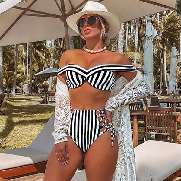 2019 new women's swimsuit bikini striped high waist slimming swimsuit bikini, White;black
2019 new women's swimsuit bikini striped high waist slimming swimsuit bikini, White;black