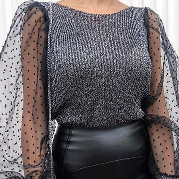 fashion womens polka dot mesh long puff sleeve sweater ladies round neck pullover jumper casual stretch slim fit, White;black
fashion womens polka dot mesh long puff sleeve sweater ladies round neck pullover jumper casual stretch slim fit, White;black