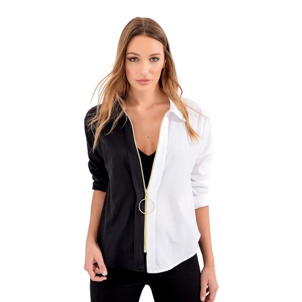 women shirts black white symmetrical zipper spring autumn long sleeve casual turn-down collar style women loose blouses