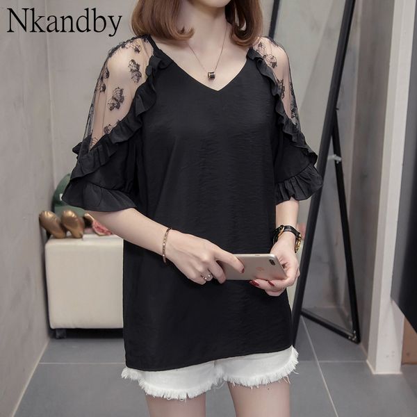 plus size lace patchwork v neck woman summer loose ruffles short sleeve office lady blouses oversize korean style shirts, White
plus size lace patchwork v neck woman summer loose ruffles short sleeve office lady blouses oversize korean style shirts, White