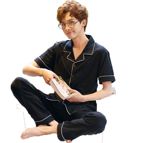 pajamas men's summer cotton short sleeve two piece set, Black;brown
pajamas men's summer cotton short sleeve two piece set, Black;brown