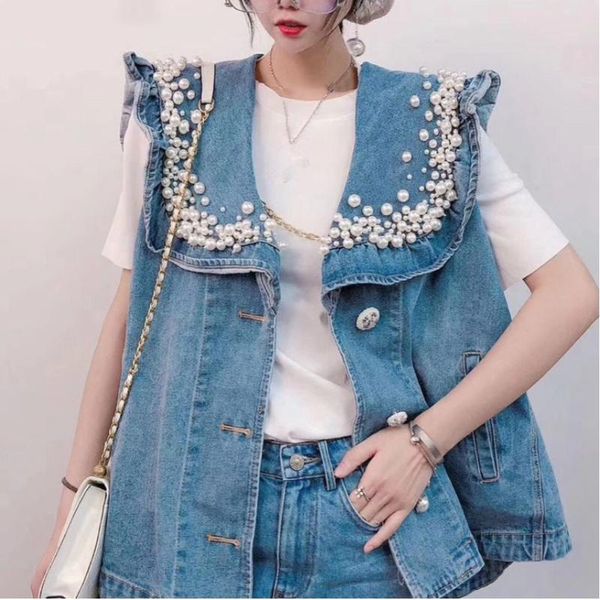 women's vests spring autumn fashion handmade pearls beading ruffled denim vest women stylish oversize jean coat, Black;white
women's vests spring autumn fashion handmade pearls beading ruffled denim vest women stylish oversize jean coat, Black;white