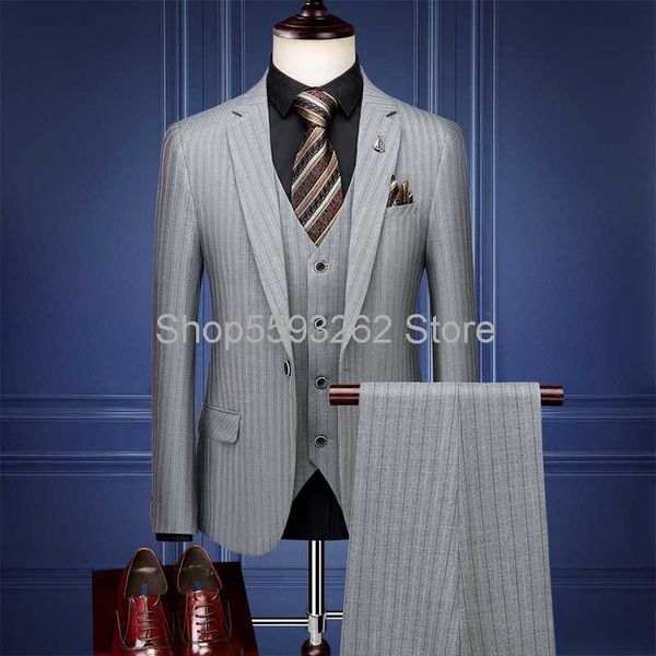 men's striped suit three-piece slim business dress suit wedding work groomsman, White;black
men's striped suit three-piece slim business dress suit wedding work groomsman, White;black