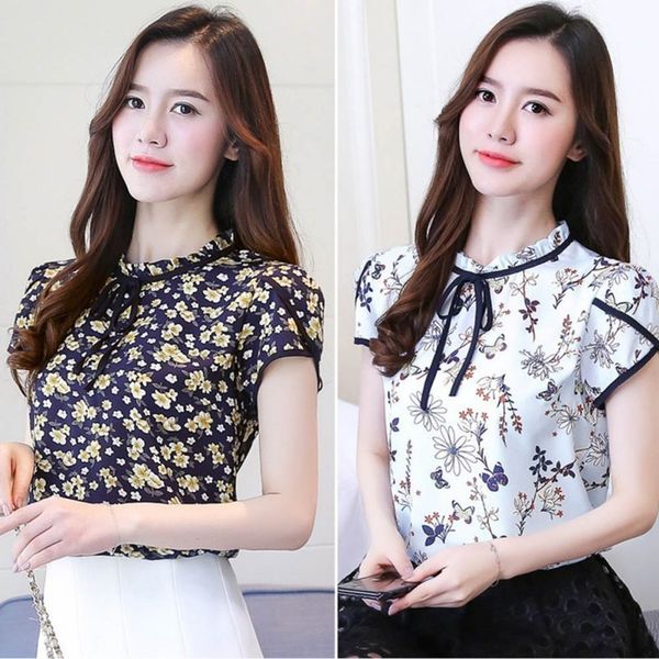 women summer floral print chiffon blouse ruffle collar bow neck shirt petal short sleeve chiffon blusas femininas plus size, White
women summer floral print chiffon blouse ruffle collar bow neck shirt petal short sleeve chiffon blusas femininas plus size, White