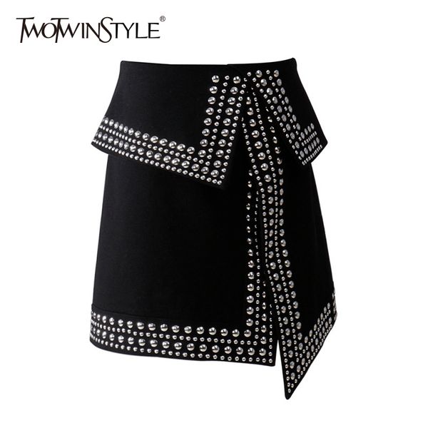 twotwinstyle rivet patchwork skirt for women split asymmetrical high waist bodycon zipper skirts spring fashion clothing, Black
twotwinstyle rivet patchwork skirt for women split asymmetrical high waist bodycon zipper skirts spring fashion clothing, Black