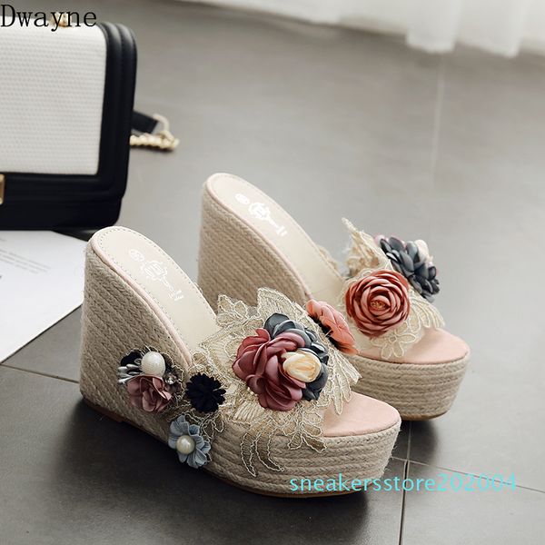 new korean fashion women's slippers pearl flowers straw wedges platform women's sandals and slippers s04, Black