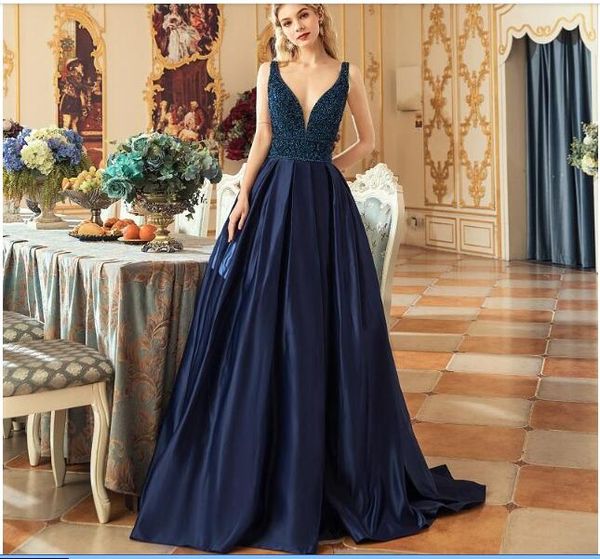 2020 grand party beading ball gown evening dress navy blue deep v-neck long satin draped women formal prom dresses, Red
2020 grand party beading ball gown evening dress navy blue deep v-neck long satin draped women formal prom dresses, Red