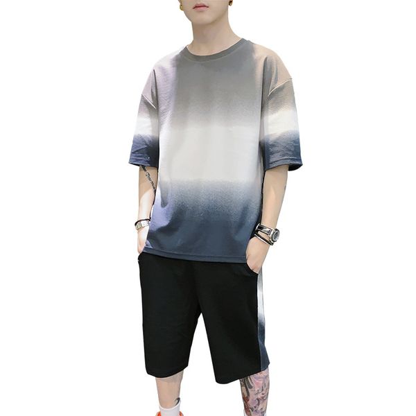 summer casual men's set loose color patchwork two piece set, Gray 
summer casual men's set loose color patchwork two piece set, Gray