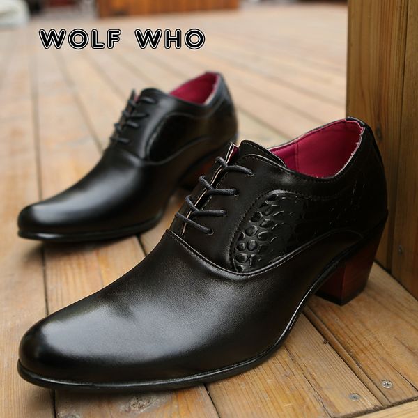 wolf who 2020 new men dress wedding shoes glossy leather 6cm high heels male pointed toe heighten casual shoes party prom x-196, Black