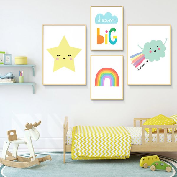 

cartoon colorful rainbow cloud star canvas poster minimalist wall art print painting picture nordic kid bedroom decor