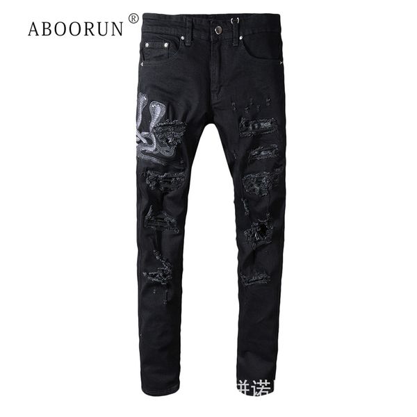 hi street men's skinny ripped jeans black snake embroidery jeans plus size 40 fashion brand for male, Blue
hi street men's skinny ripped jeans black snake embroidery jeans plus size 40 fashion brand for male, Blue