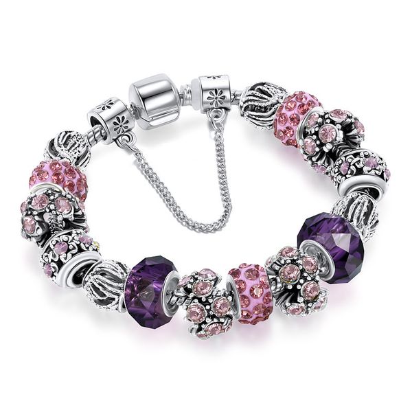 18 19 20 cm charm bracelet 925 silver plated bracelets royal crown accessories purple crystal bead diy wedding jewelry with box, Golden;silver 
18 19 20 cm charm bracelet 925 silver plated bracelets royal crown accessories purple crystal bead diy wedding jewelry with box, Golden;silver