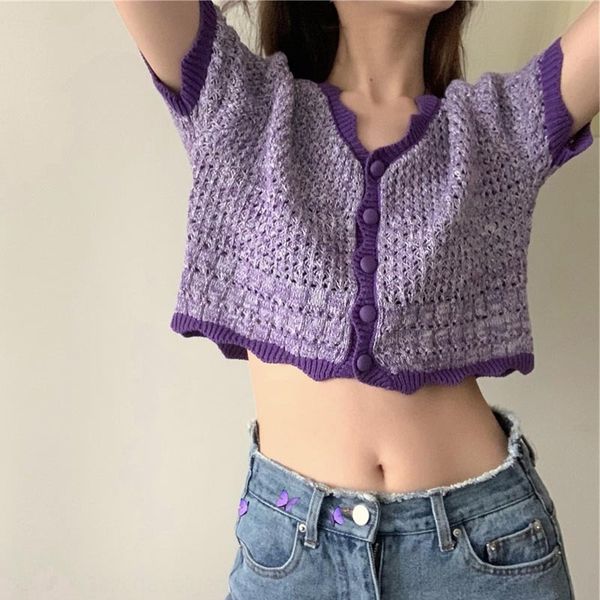 short purple cardigan color matching v-neck short sweater sleeve wooden ear bm women's summer korean style loose thin sweater, White
short purple cardigan color matching v-neck short sweater sleeve wooden ear bm women's summer korean style loose thin sweater, White