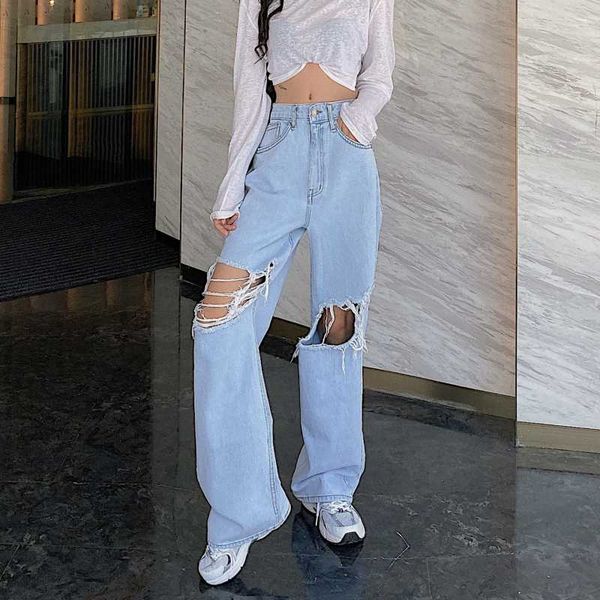 high waist denim loose straight jeans destroyed ripped hole pant streetwear women trouser korean fashion solid boyfriend, Blue
high waist denim loose straight jeans destroyed ripped hole pant streetwear women trouser korean fashion solid boyfriend, Blue