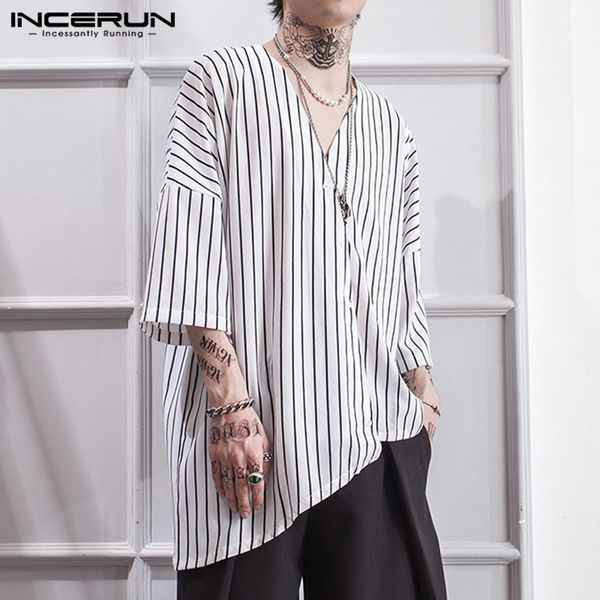 incerun casual irregular camisas breathable chic blusas streetwear mens fashion striped shirts summer v neck blouse plus size, White;black