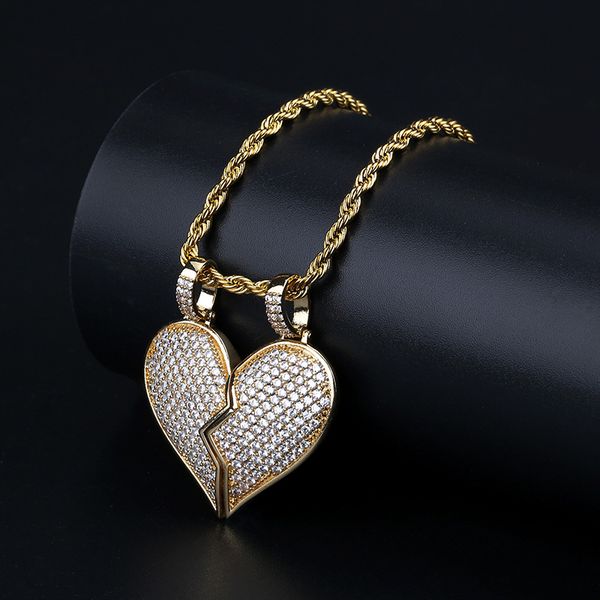 micro paved cubic zirconia iced out bling silod 2 pcs half heart lover bff pendants necklace for men hip hop rapper jewelry, Silver 
micro paved cubic zirconia iced out bling silod 2 pcs half heart lover bff pendants necklace for men hip hop rapper jewelry, Silver
