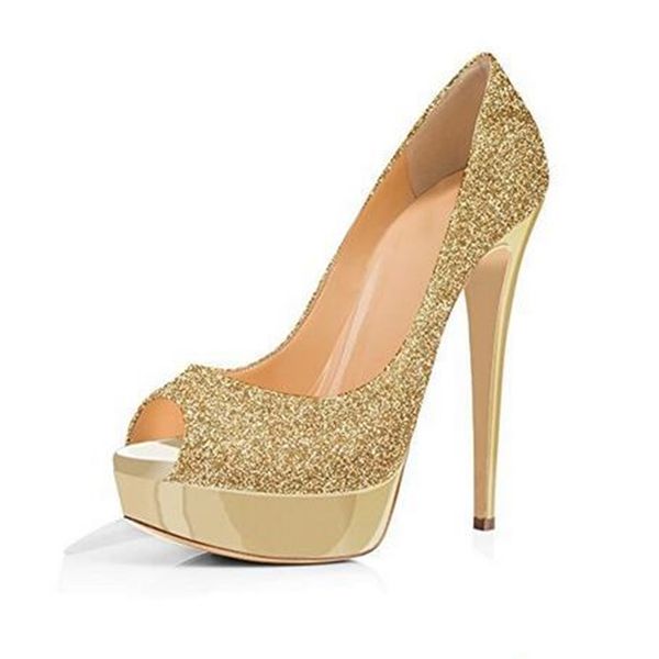 glitter platform peep toe pumps high heel runway party woman shoes sequined shallow slip on waterproof dress shoes spring autumn, Black