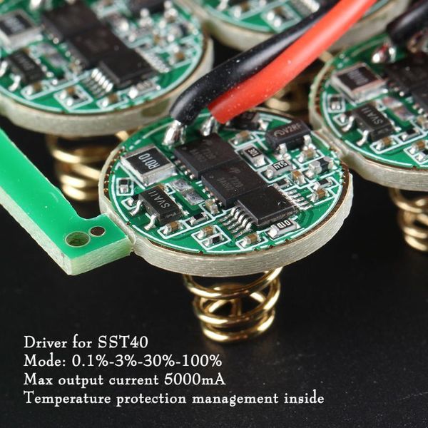 flashlights torches 17mm driver for sst40 ,4 modes 0.1%-3%-30%-100%, max current output 5000ma, temperature protection management inside
flashlights torches 17mm driver for sst40 ,4 modes 0.1%-3%-30%-100%, max current output 5000ma, temperature protection management inside