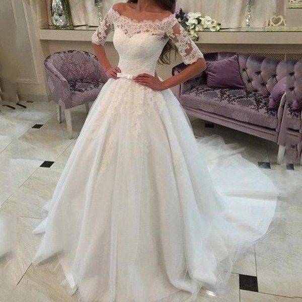 custom half long sleeves lace appliques wedding dresses 2020 with bow sash court train lace up back tulle wedding bridal gowns, White
custom half long sleeves lace appliques wedding dresses 2020 with bow sash court train lace up back tulle wedding bridal gowns, White