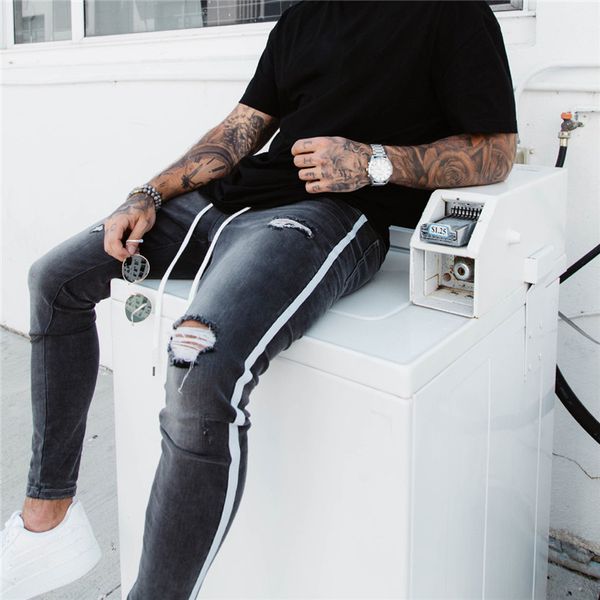 men's skinny ripped denim destroyed fashion cool comfy stretch stripe trim pants fit plus size, Blue
men's skinny ripped denim destroyed fashion cool comfy stretch stripe trim pants fit plus size, Blue