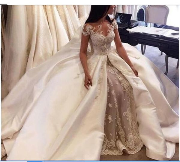 vintage sheer neck bridal dress lace short sleeve wedding dresses plus size illusion vestido de noiva bridal gown ball, White
vintage sheer neck bridal dress lace short sleeve wedding dresses plus size illusion vestido de noiva bridal gown ball, White