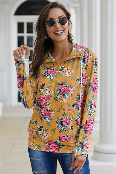 half zipper hooded floral printed big pocket fashion classical style ladies clothing autumn womens designer hoodie, Black 
half zipper hooded floral printed big pocket fashion classical style ladies clothing autumn womens designer hoodie, Black