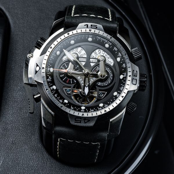 reef tiger/rt sport watch with perpetual calendar date day steel case black leather strap mechanical men's watches rga3503, Silver
reef tiger/rt sport watch with perpetual calendar date day steel case black leather strap mechanical men's watches rga3503, Silver