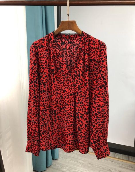 red leopard shirt french print red tone white thin v-neck silk crepe top