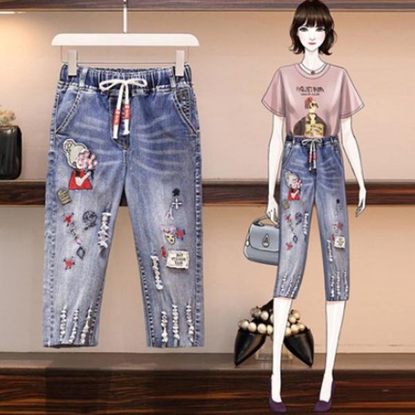 ev5a5 large size women's clothing 2020 new fat mm200 kg elastic waist cartoon ankle-length pants and jeans embroidery cropped harem pan, Blue
ev5a5 large size women's clothing 2020 new fat mm200 kg elastic waist cartoon ankle-length pants and jeans embroidery cropped harem pan, Blue