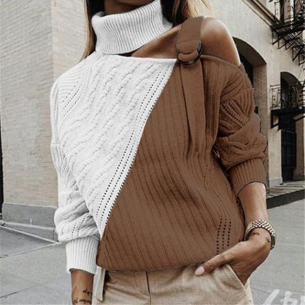 women color block streetwear turtle neck adjustable strap one shoulder soft knitted pullover sweater, White;black
women color block streetwear turtle neck adjustable strap one shoulder soft knitted pullover sweater, White;black