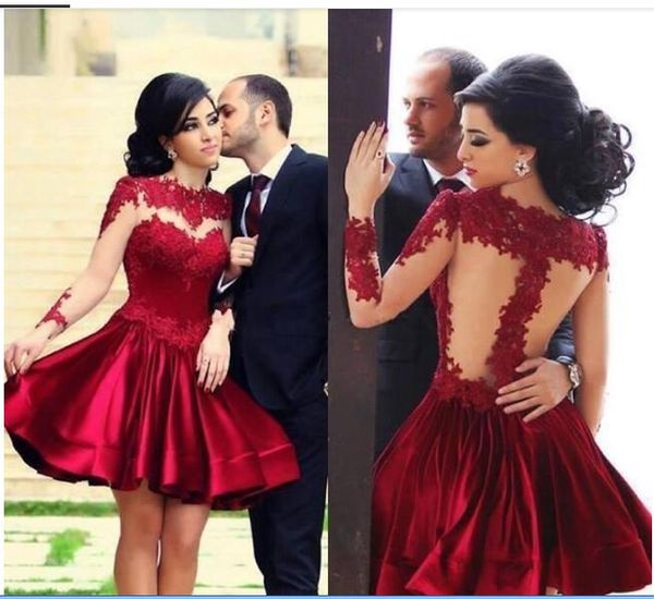 short burgundy formal homecoming dresses lace applique crew neck tulle long sleeves satin a-line knee length cocktail party gowns, Red
short burgundy formal homecoming dresses lace applique crew neck tulle long sleeves satin a-line knee length cocktail party gowns, Red