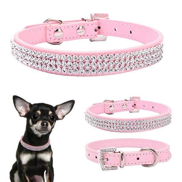 adjustable bling shiny necklace rhinestones pet puppy pet plain weave dogs cats collar pu leather supplies for dogs