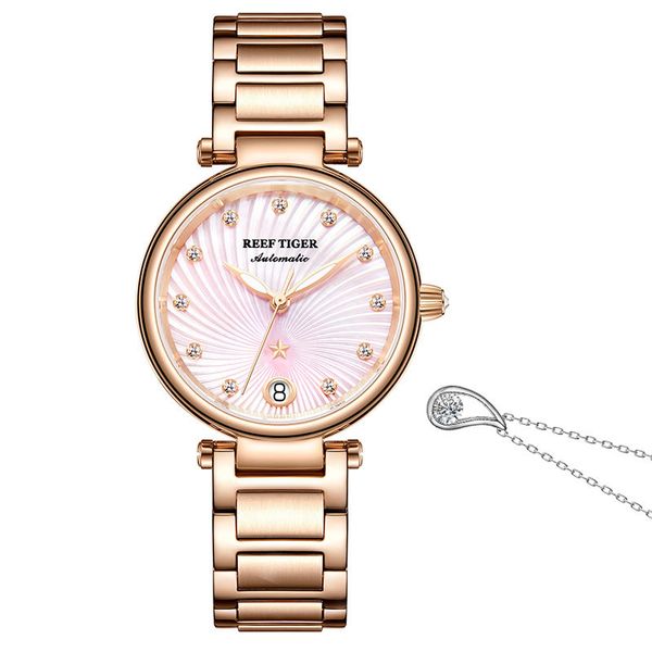 reef tiger love polaris rose gold pink dial diamonds women watch and elegant water drop pendant necklace set, Silver
reef tiger love polaris rose gold pink dial diamonds women watch and elegant water drop pendant necklace set, Silver