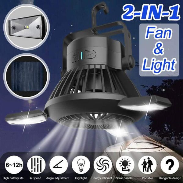 2 In 1 Portable Led Camping Lantern With Ceiling Fan Usb Solar Powered Tent Light Fan For Outdoor Camping Hiking Fishing 4000mah