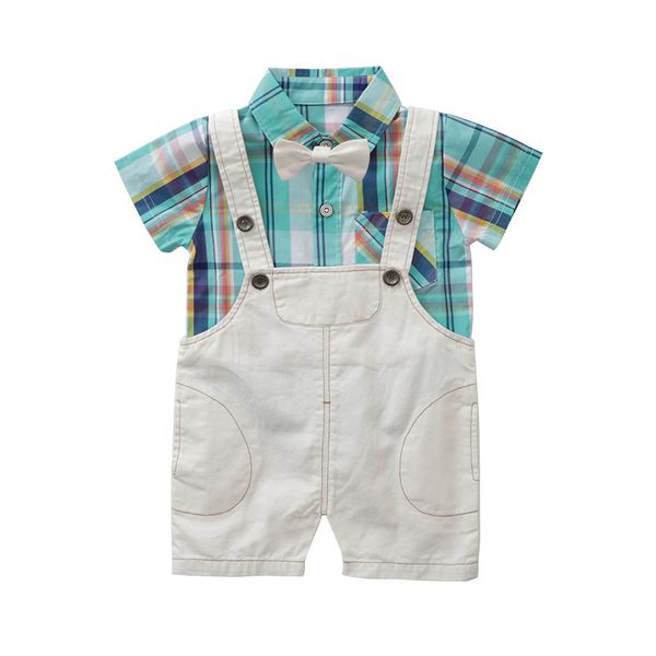 gentleman plaid shirt bib shorts kids party outfit suit summer short-sleeved dress suit baby boys clothes [ t-shirt + pant, White