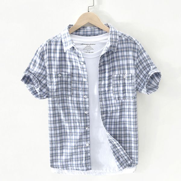 men's casual shirts men summer short sleeve cotton plaided for japan business minimalist style thin breathable slim fit top, White;black