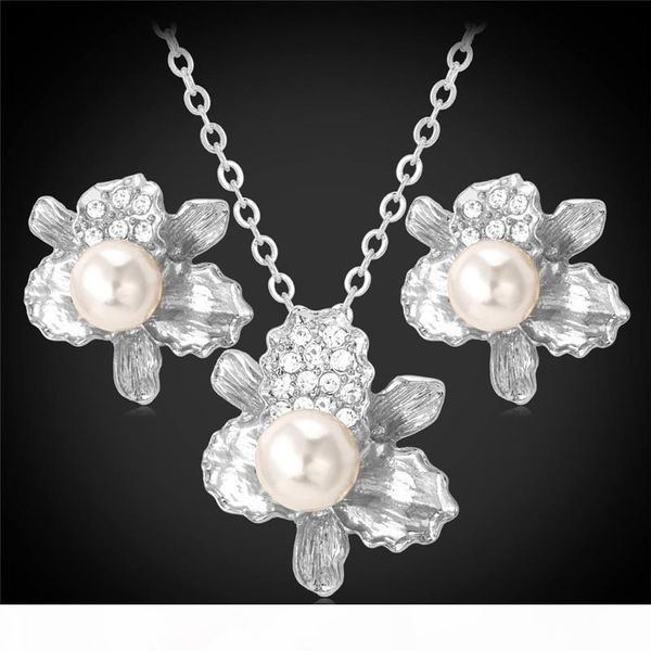 new fashion irregular flowers pendant necklace stud earrings for women 18k real gold plated crystal pearl set, Silver
new fashion irregular flowers pendant necklace stud earrings for women 18k real gold plated crystal pearl set, Silver