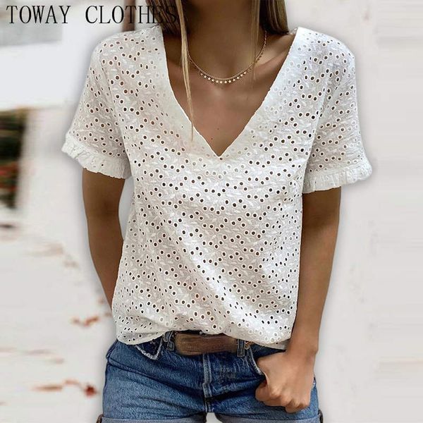 women short sleeve openwork embroidery broderie anglaise lace hollow out lady v neck shirt blouse, White
women short sleeve openwork embroidery broderie anglaise lace hollow out lady v neck shirt blouse, White
