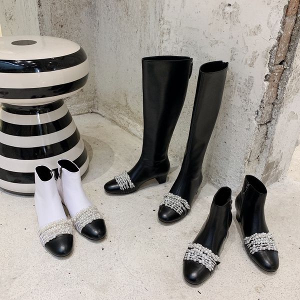 black boots fashion ankle chain pearl long boots designer knee high chunky motorcycle for women bottine femme talon 
black boots fashion ankle chain pearl long boots designer knee high chunky motorcycle for women bottine femme talon