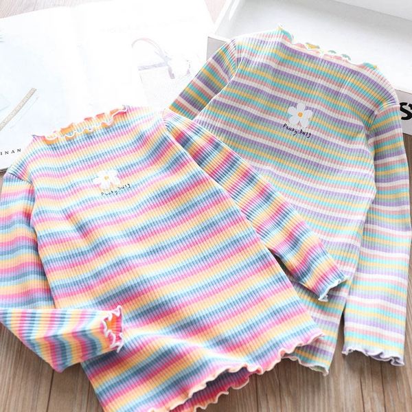 23008 special price children's clothing girl rainbow striped flower knitted shirt baby base shirt children's wear, Blue