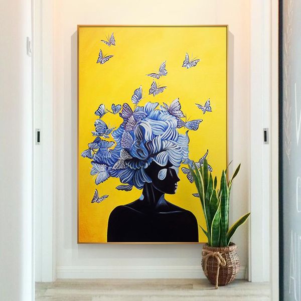 

Abstract Girl with Butterfly Nordic Canvas Painting Yellow Blue Posters and Print Cuadros Wall Art Picture for Living Room Decor