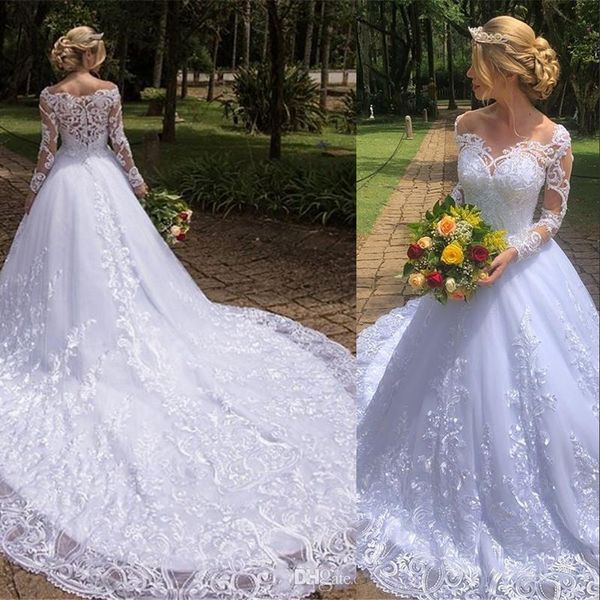 2020 arabic luxurious a line wedding dresses sheer lace appliques crystal zipper back court train custom plus size bridal gowns, White
2020 arabic luxurious a line wedding dresses sheer lace appliques crystal zipper back court train custom plus size bridal gowns, White